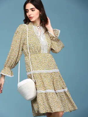 Women's Yellow Floral Printed Tie-Up Neck Lace-Inserts Tiered A-Line Dress Everyday Use Soft Air