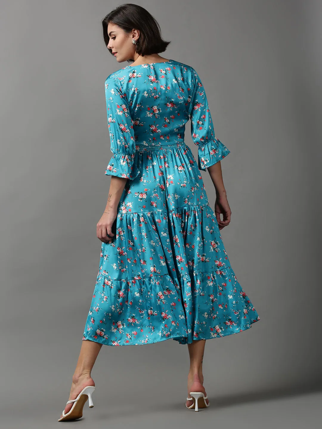 Luxury-Fabric Women's Turquoise Blue Floral Satin Maxi Dress