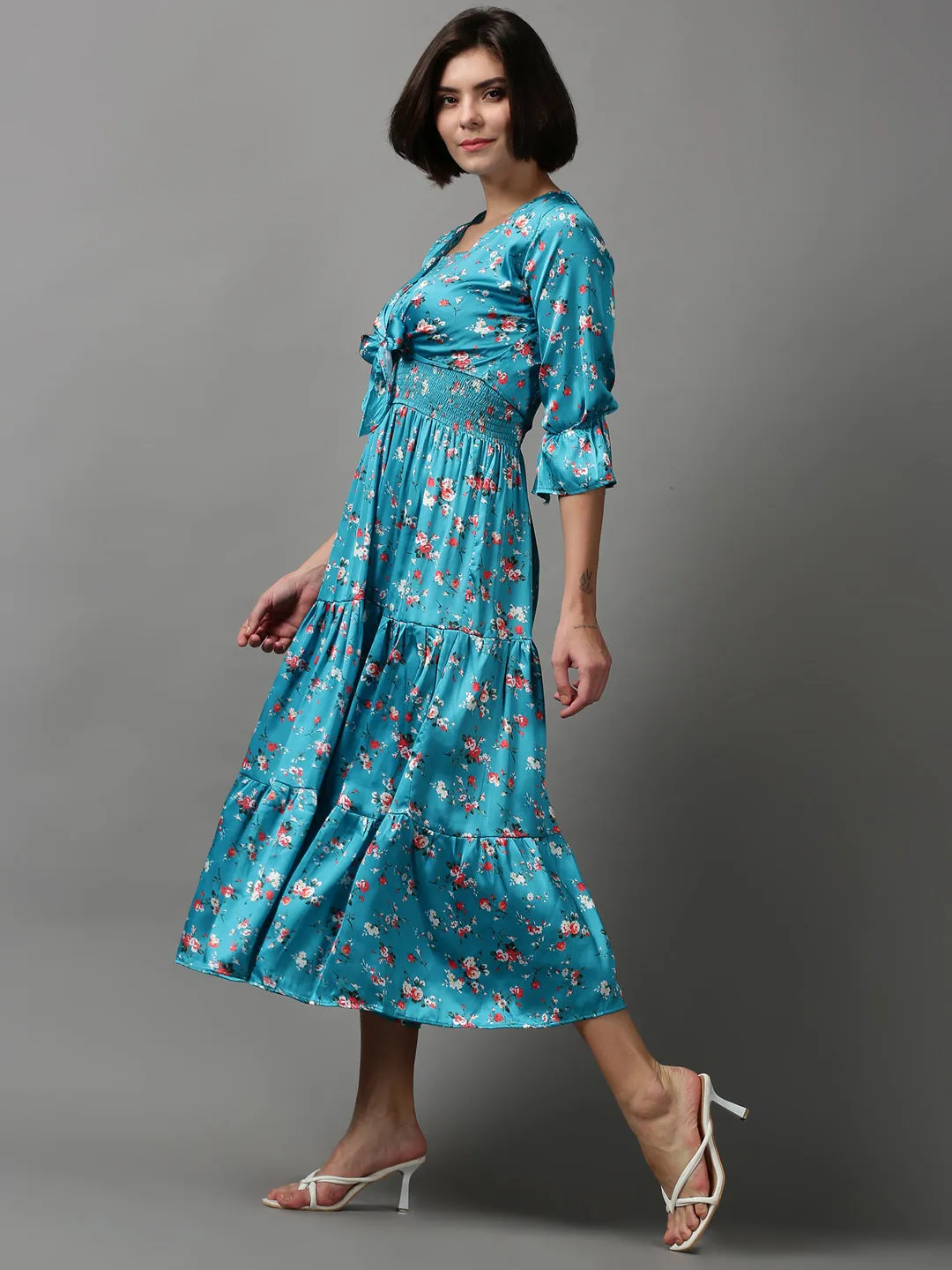 Smooth Design Repair-Friendly Women's Turquoise Blue Floral Satin Maxi Dress