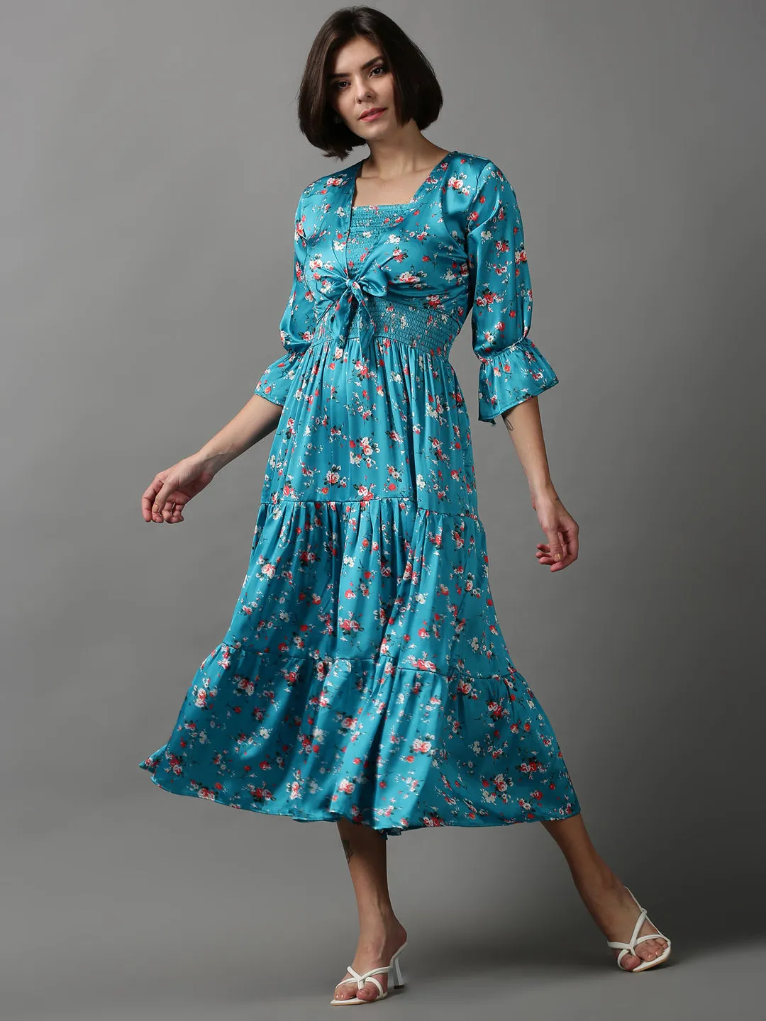 Women's Turquoise Blue Floral Satin Maxi Dress Smart Style Calm Outfit