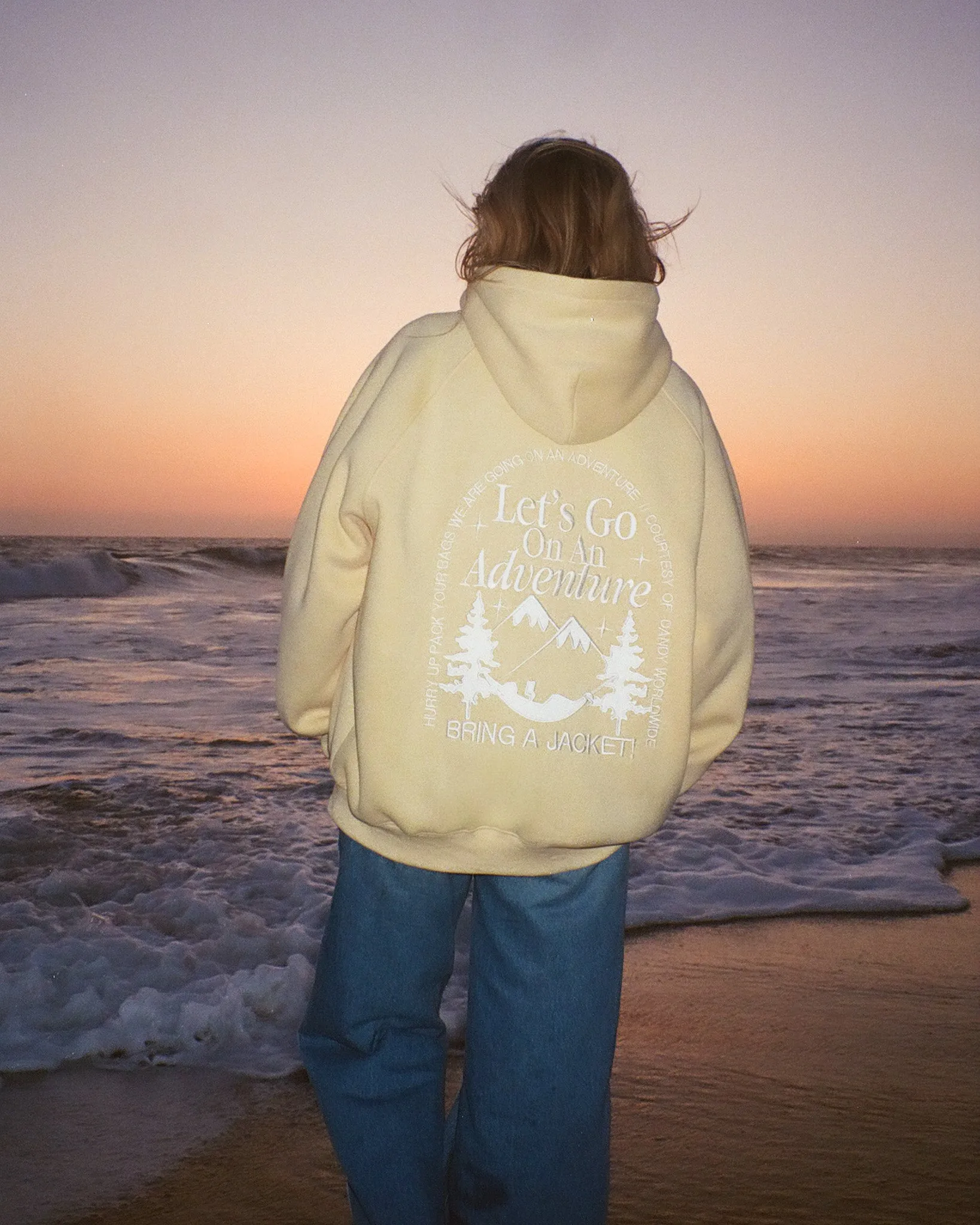 side pocket "Let's Go On An Adventure" Oversized Lux Hoodie in Butter Yellow