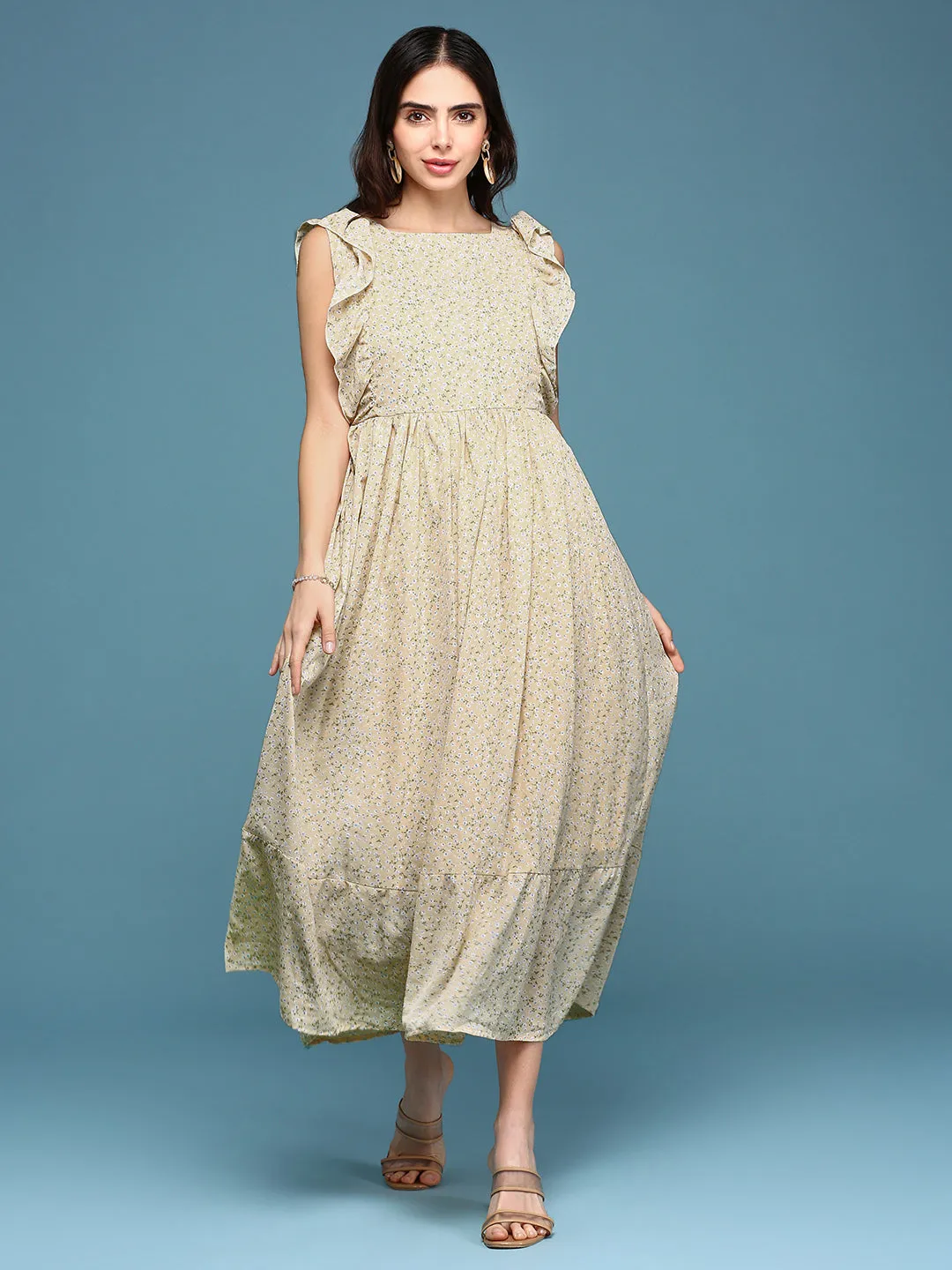 Modern Soft Feminine Structure Women's Yellow Chiffon Fit & Flare Dress