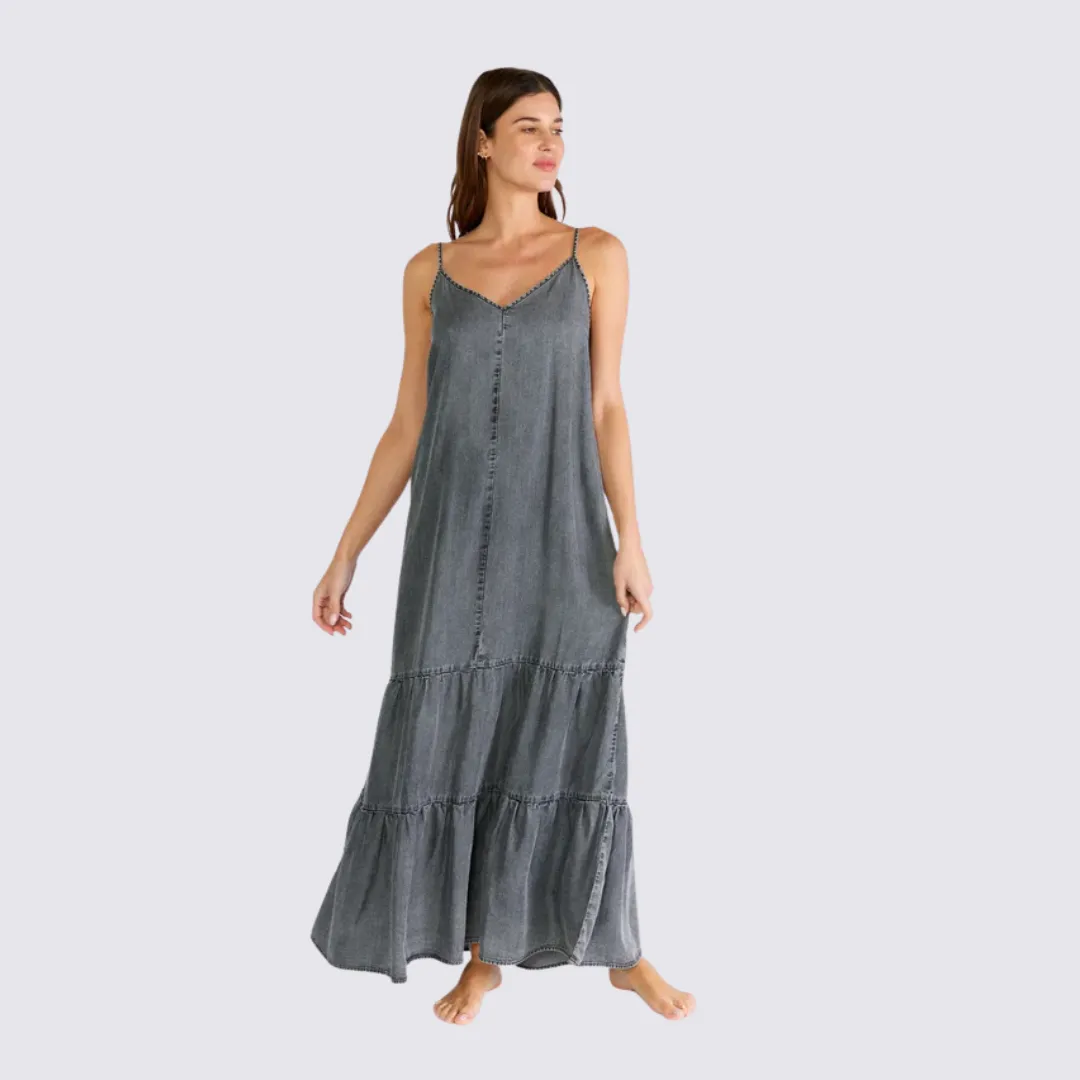 Stylish Waist Fit Becki Tiered Maxi Dress (Ash Grey Wash)