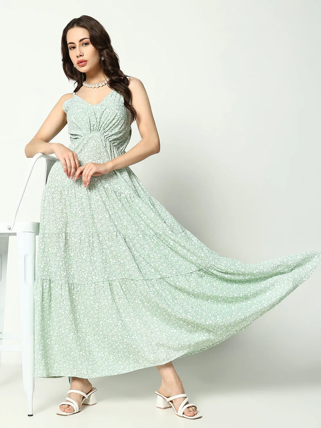 Soft Material Warm Pink Women's Green Crepe Empire Dress