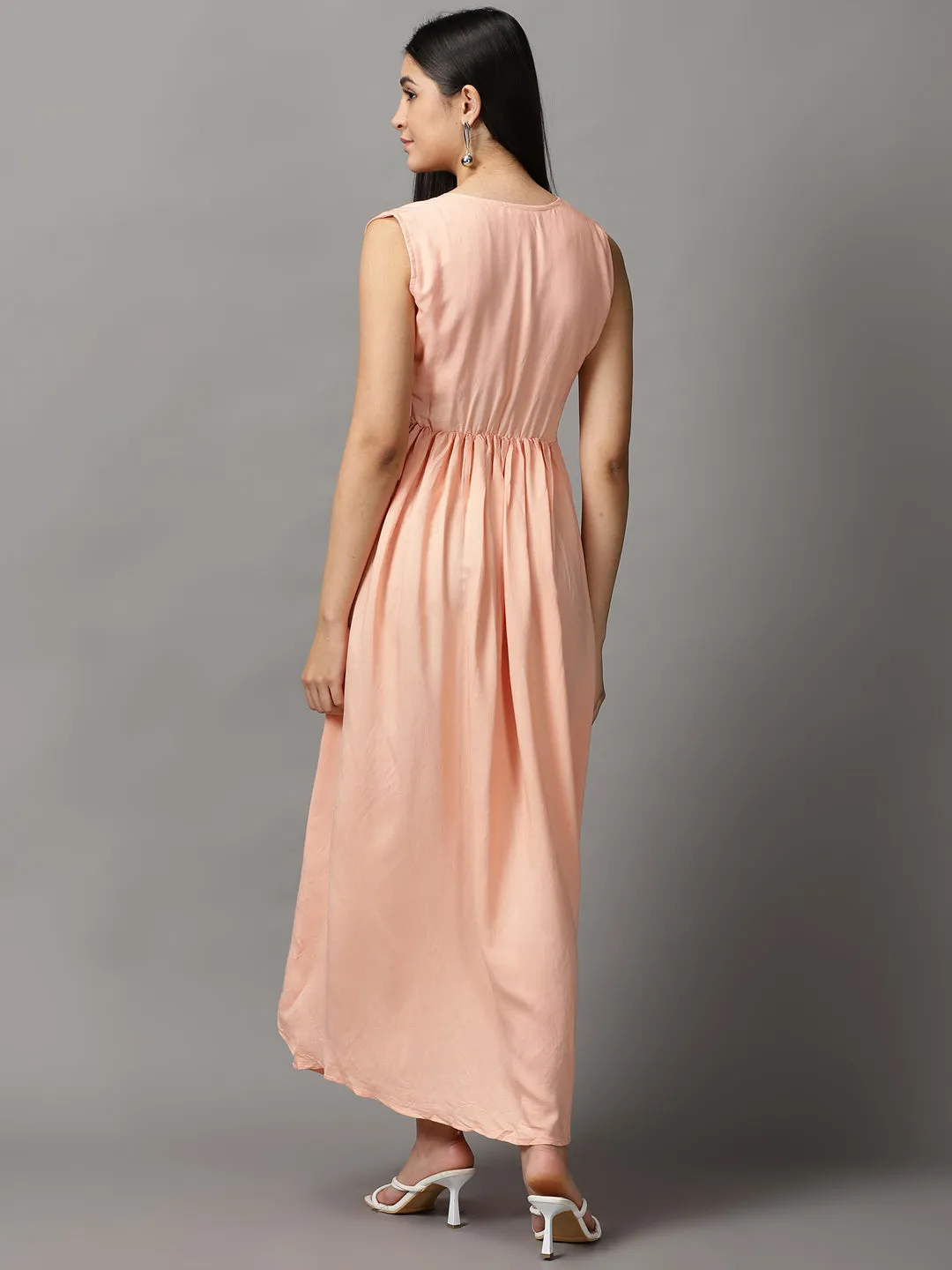 Women's Peach Sleeveless Fit and Flare Round Neck Maxi Dress Elegant Waist Perfect Layers