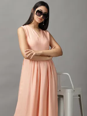 Women's Peach Sleeveless Fit and Flare Round Neck Maxi Dress Formal Look Night wear