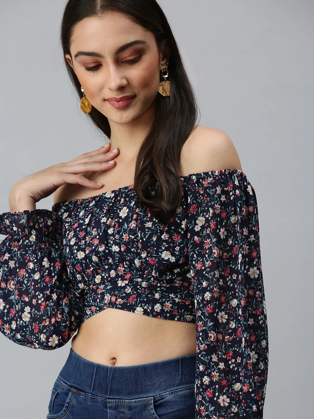 Women's Navy Blue Floral Printed Off-Shoulder Georgette Bardot Crop Top Cozy And Stylish Zero Waste Production