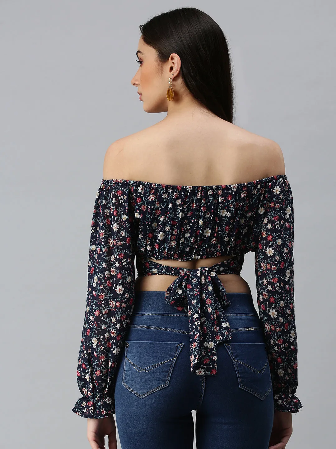 Women's Navy Blue Floral Printed Off-Shoulder Georgette Bardot Crop Top Smart Fit Men's masculinity