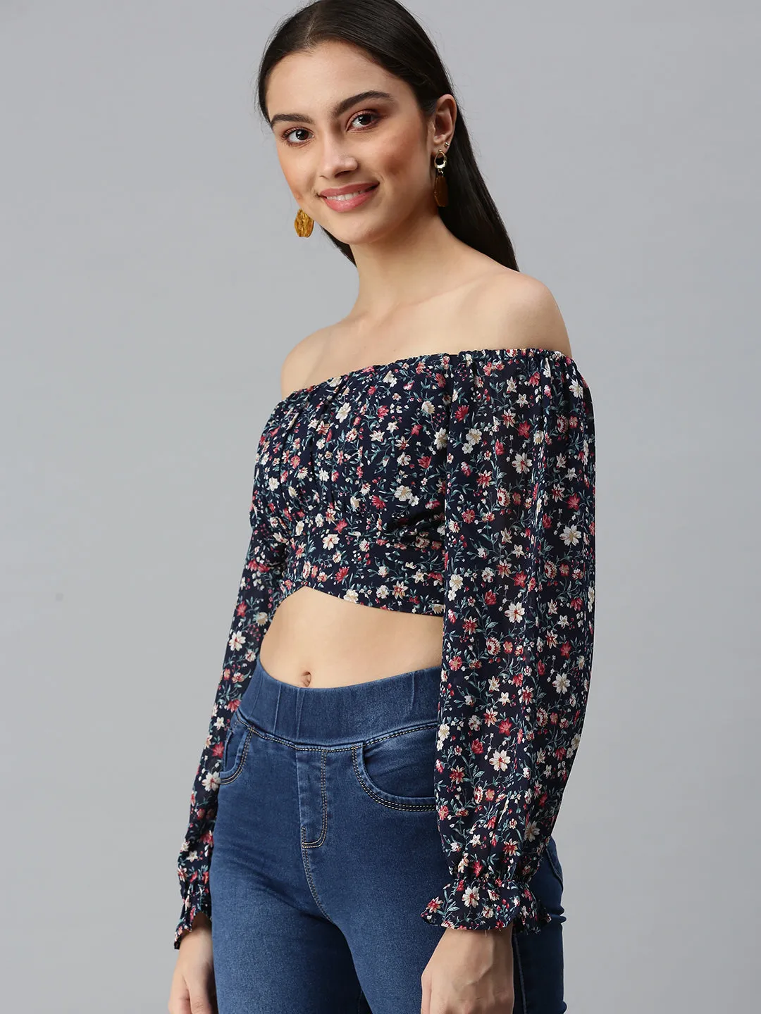 Women's Navy Blue Floral Printed Off-Shoulder Georgette Bardot Crop Top Breathable Comfort Wear