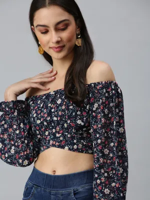 Women's Navy Blue Floral Printed Off-Shoulder Georgette Bardot Crop Top Cozy And Stylish Zero Waste Production