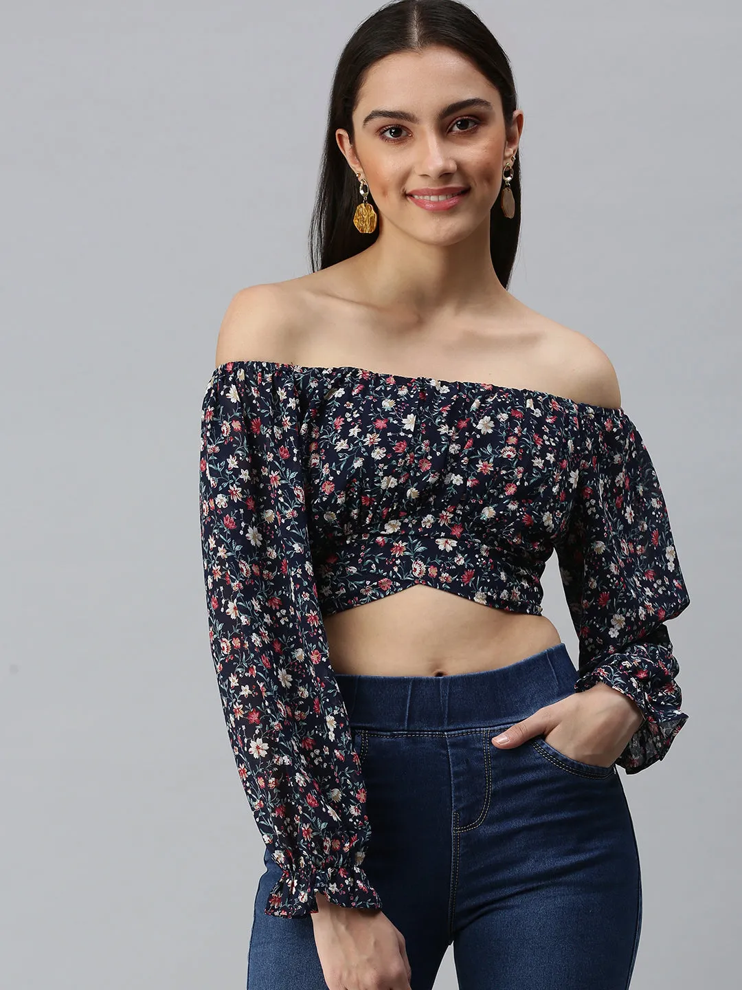 Women's Navy Blue Floral Printed Off-Shoulder Georgette Bardot Crop Top Moisture Wicking Fabric