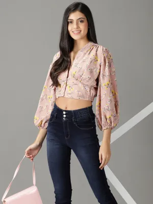 Layering Comfort Wear Women's Mauve Floral Print Blouson Crop Top