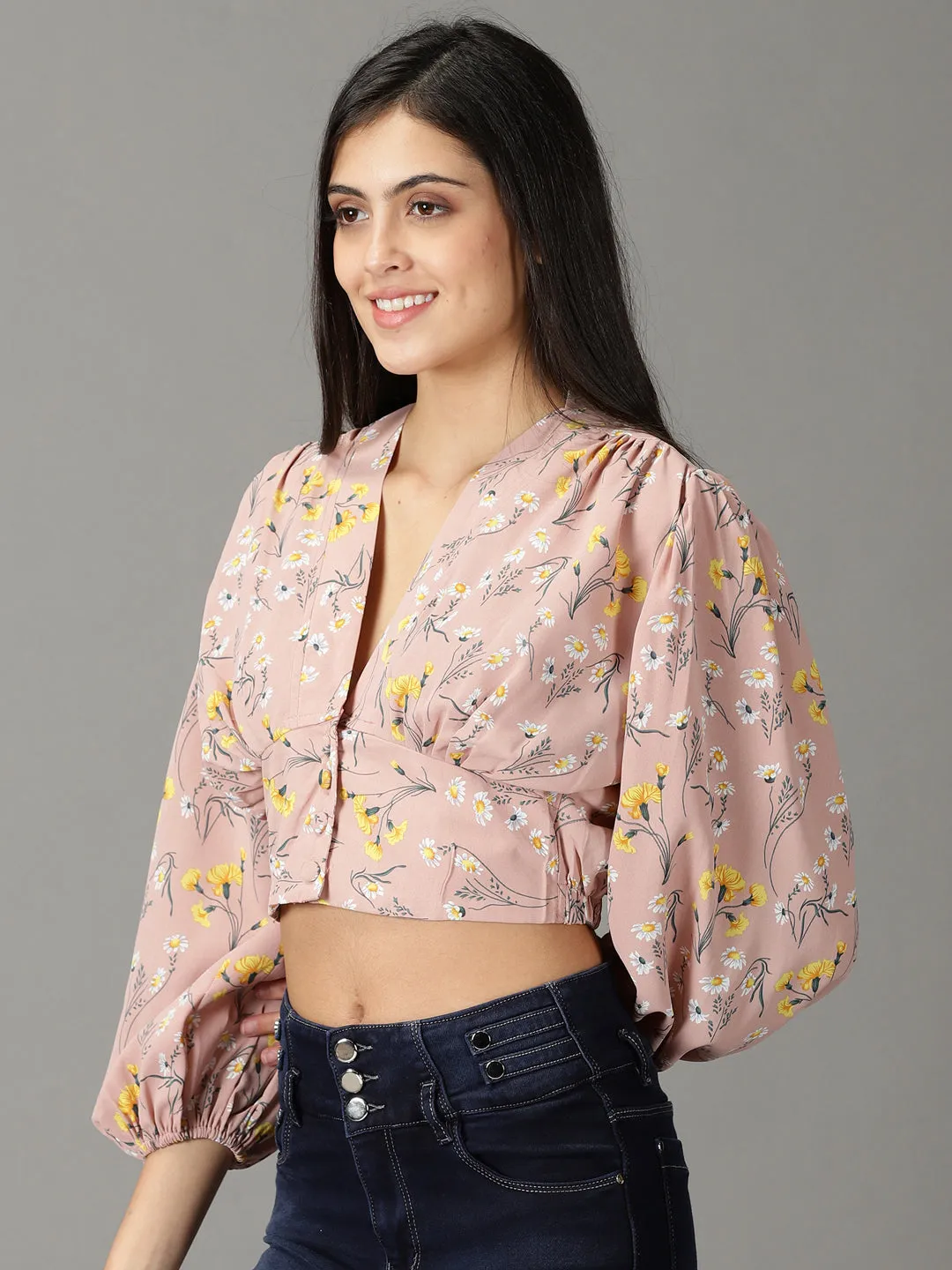 Breathable touch Fashion Fit Women's Mauve Floral Print Blouson Crop Top