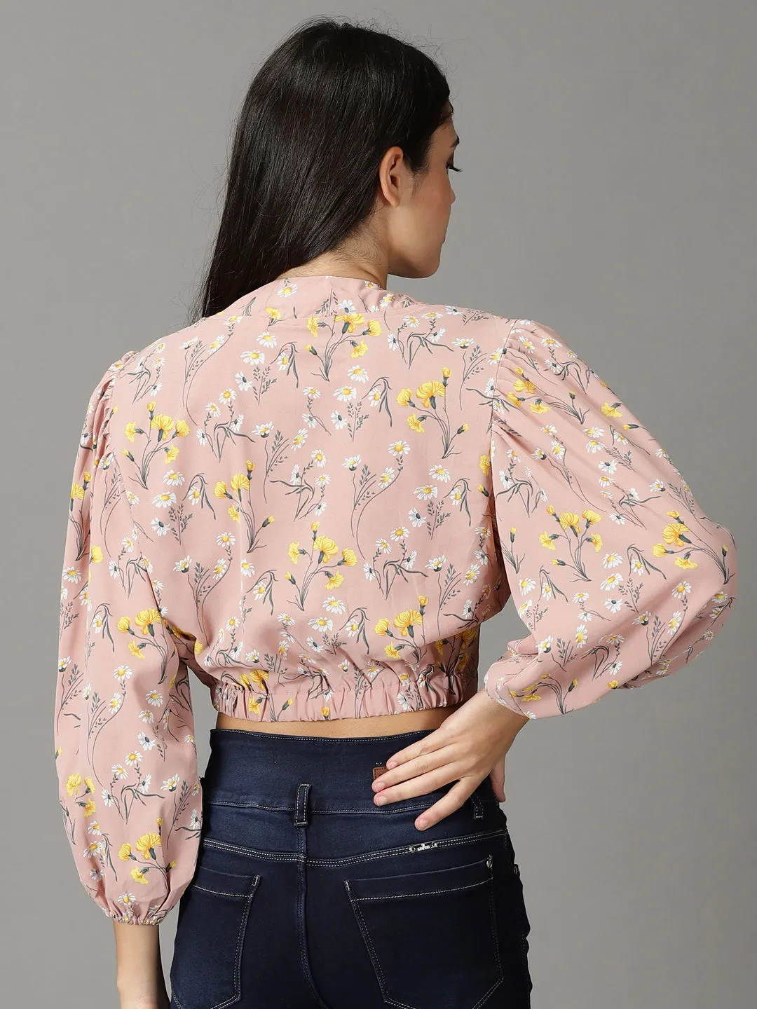 Women's Mauve Floral Print Blouson Crop Top Everyday Wearable Collared formality