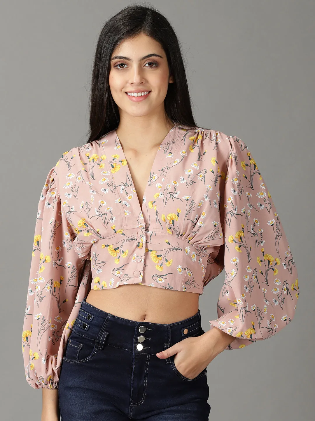 Women's Mauve Floral Print Blouson Crop Top Vibrant Prints