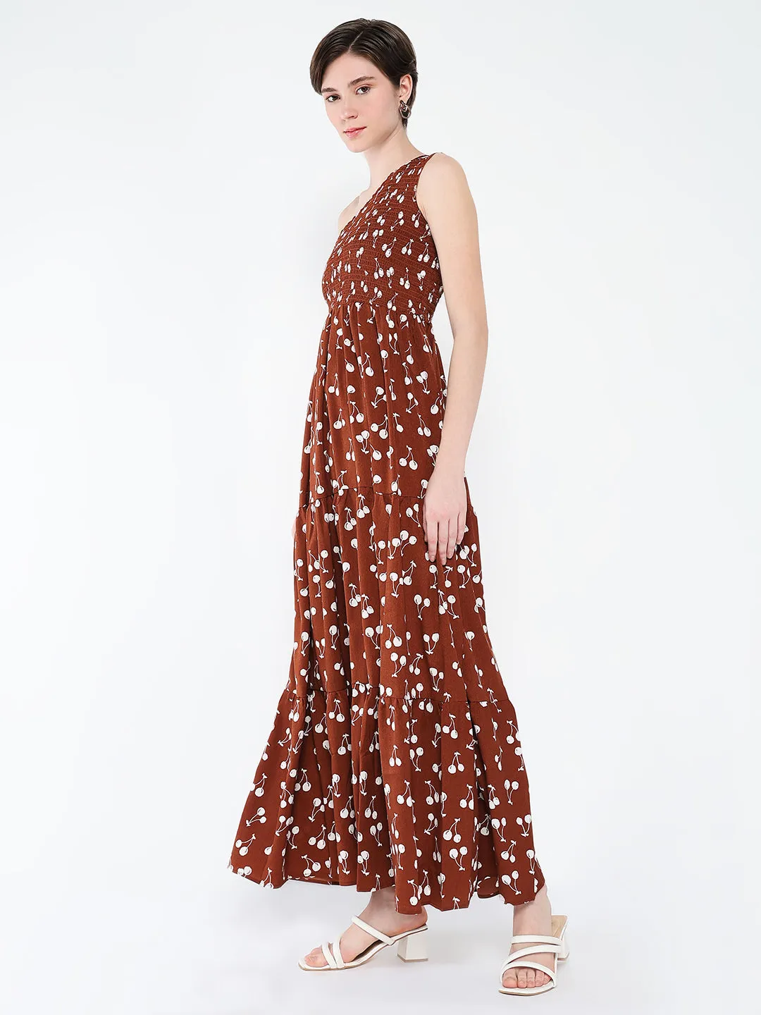 Women's Brown Conversational Printed One Shoulder Fit & Flare Maxi Dress Color-Blocked