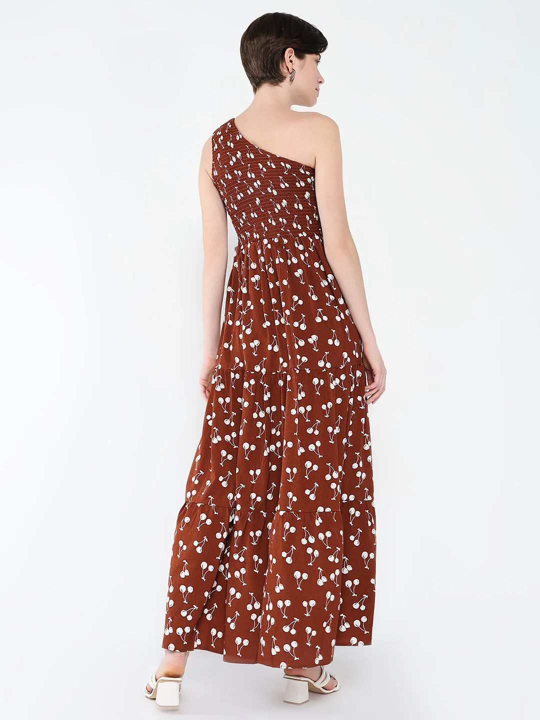 Women's Brown Conversational Printed One Shoulder Fit & Flare Maxi Dress Effortless Piece Ethically-Made