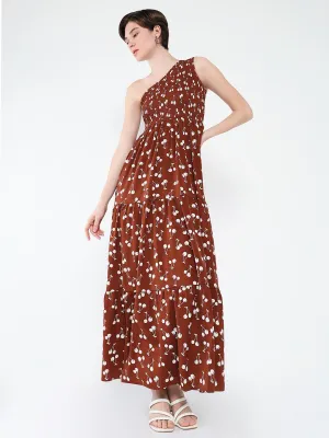 Women's Brown Conversational Printed One Shoulder Fit & Flare Maxi Dress Art-Gallery