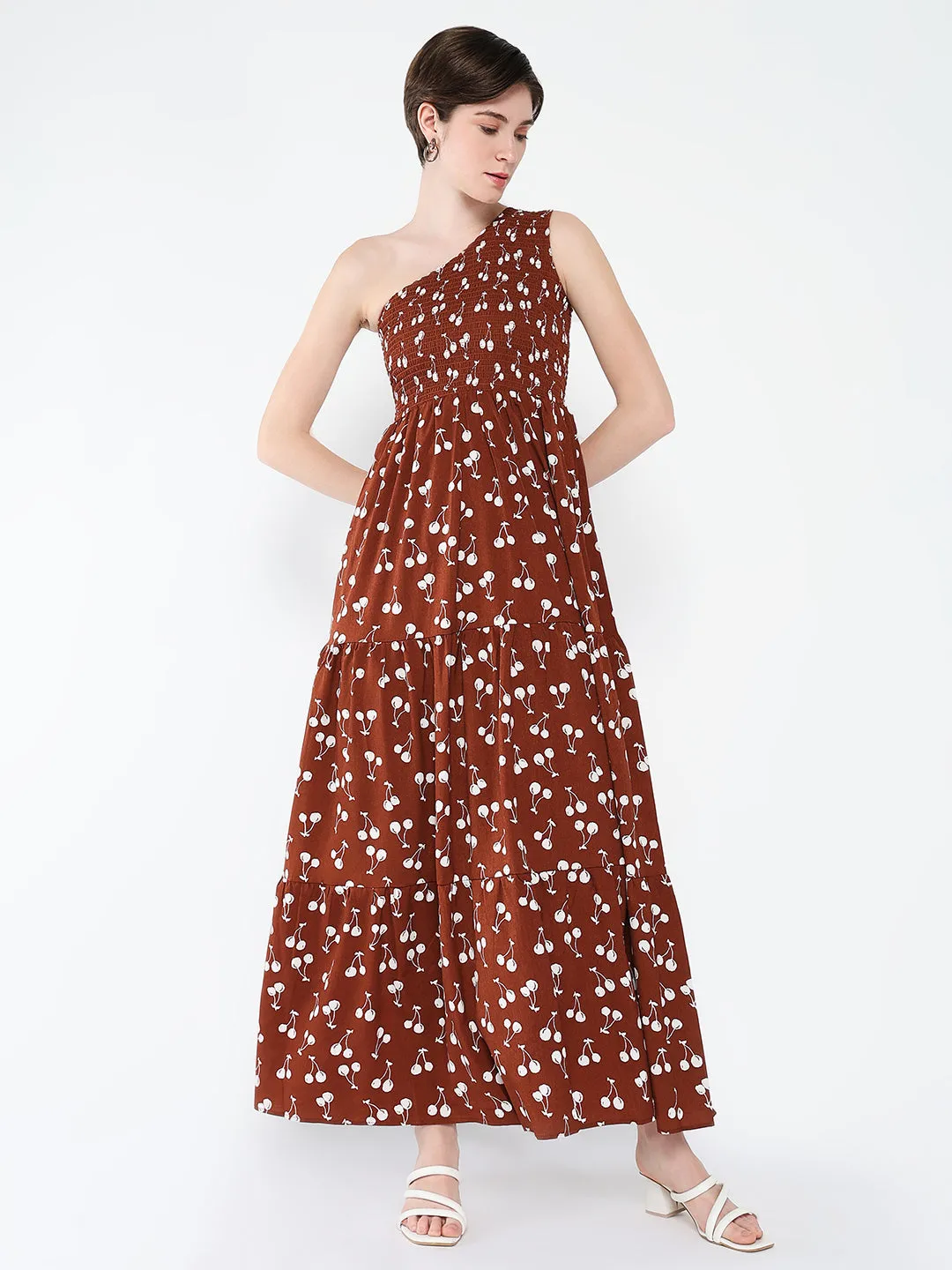 Versatile Comfort Elastic Fit Women's Brown Conversational Printed One Shoulder Fit & Flare Maxi Dress