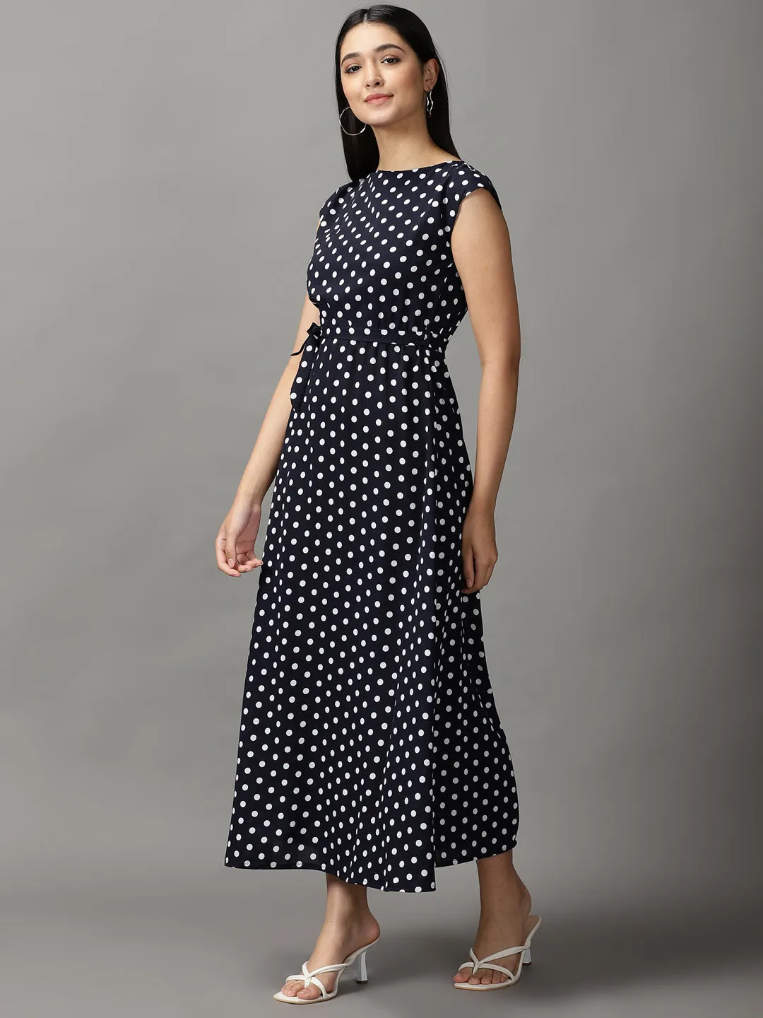Light Outfit Women's Navy Blue Chiffon Midi Polka Dots Fit and Flare Dress