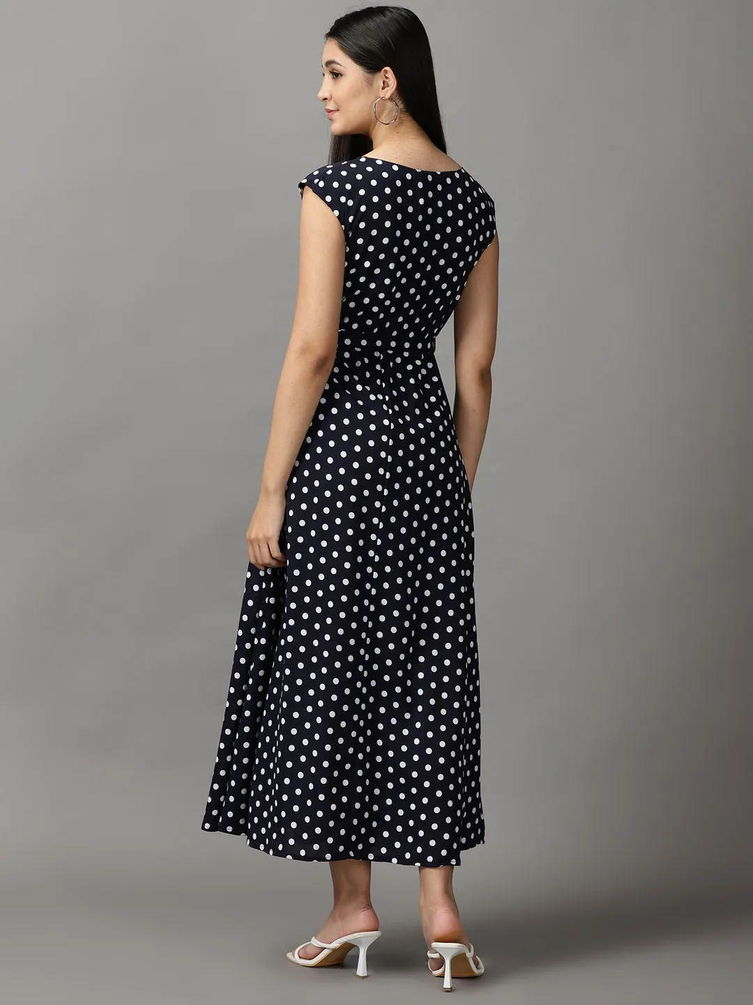 Quilted-Texture Tall-Fit Women's Navy Blue Chiffon Midi Polka Dots Fit and Flare Dress