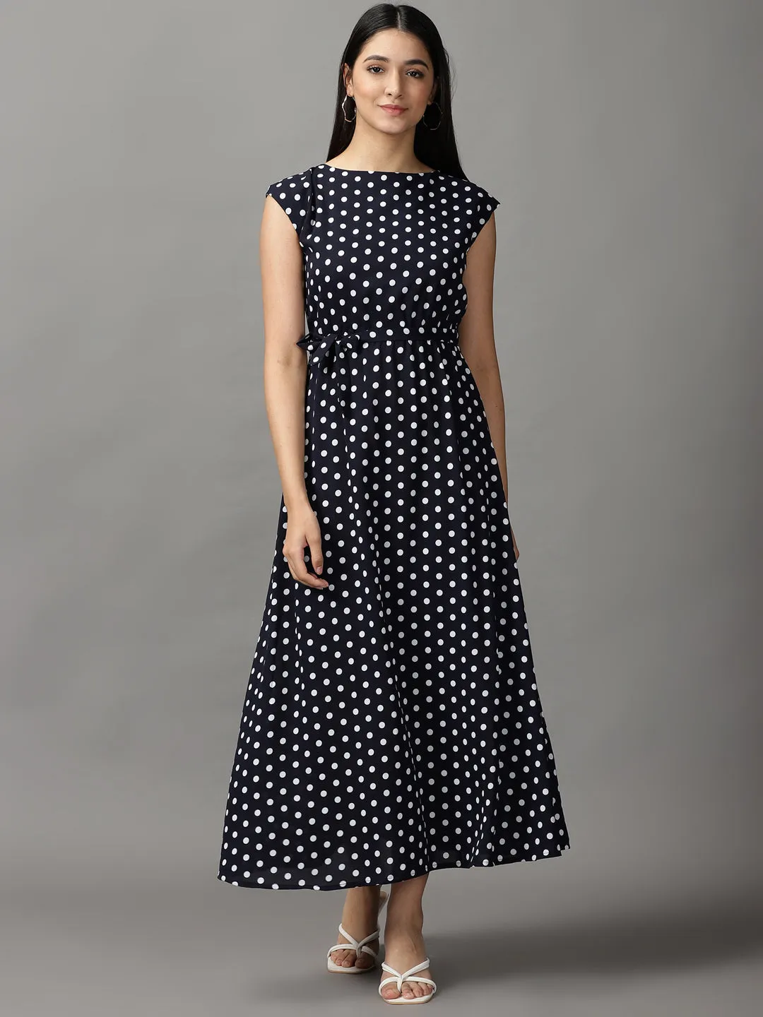 Family Vibe Simple Texture Women's Navy Blue Chiffon Midi Polka Dots Fit and Flare Dress
