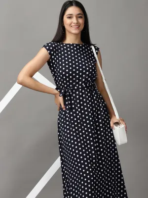 Women's Navy Blue Chiffon Midi Polka Dots Fit and Flare Dress Comfort and Elegance