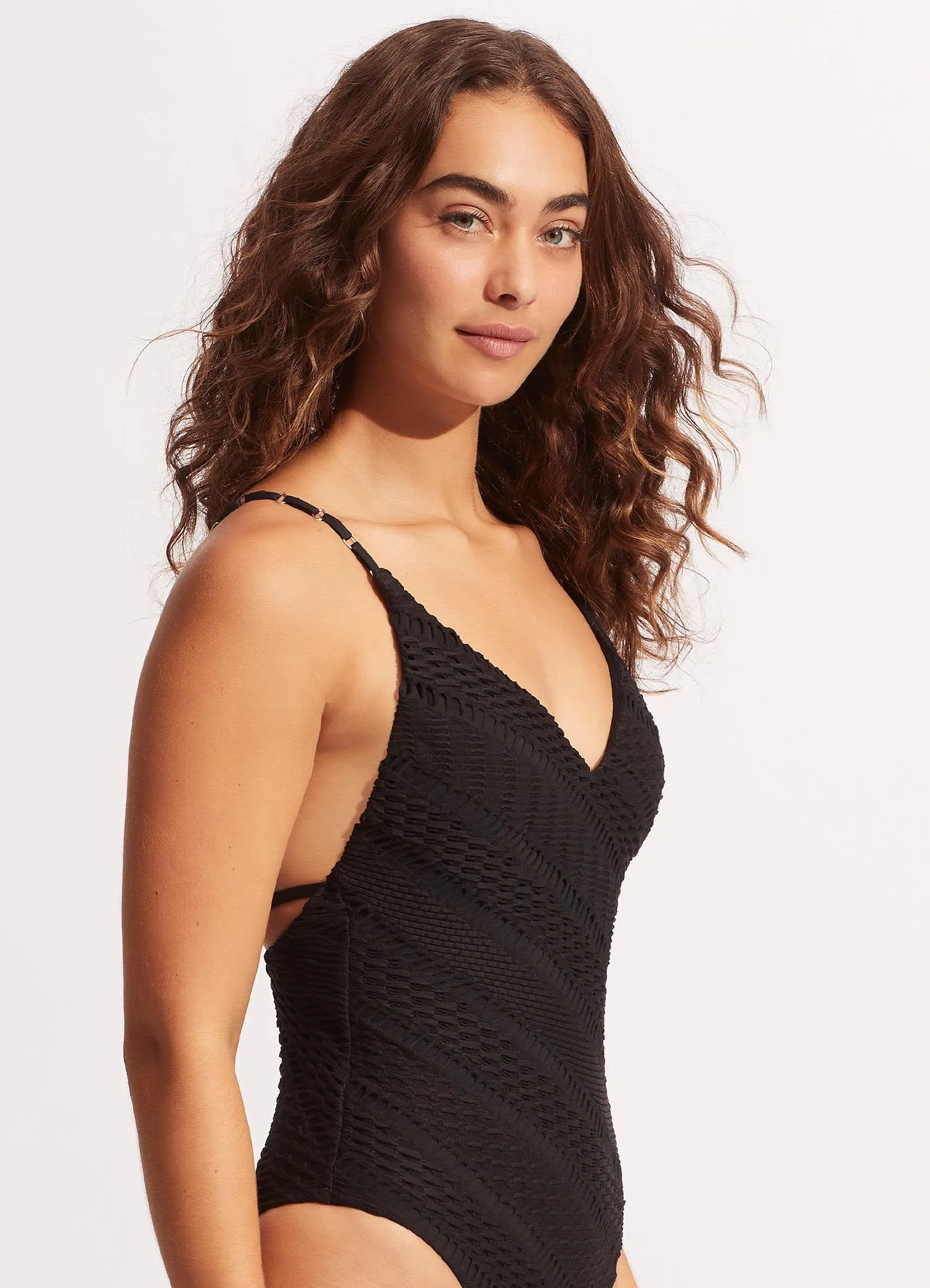 Marrakesh V Neck One Piece - Black High Density Knit