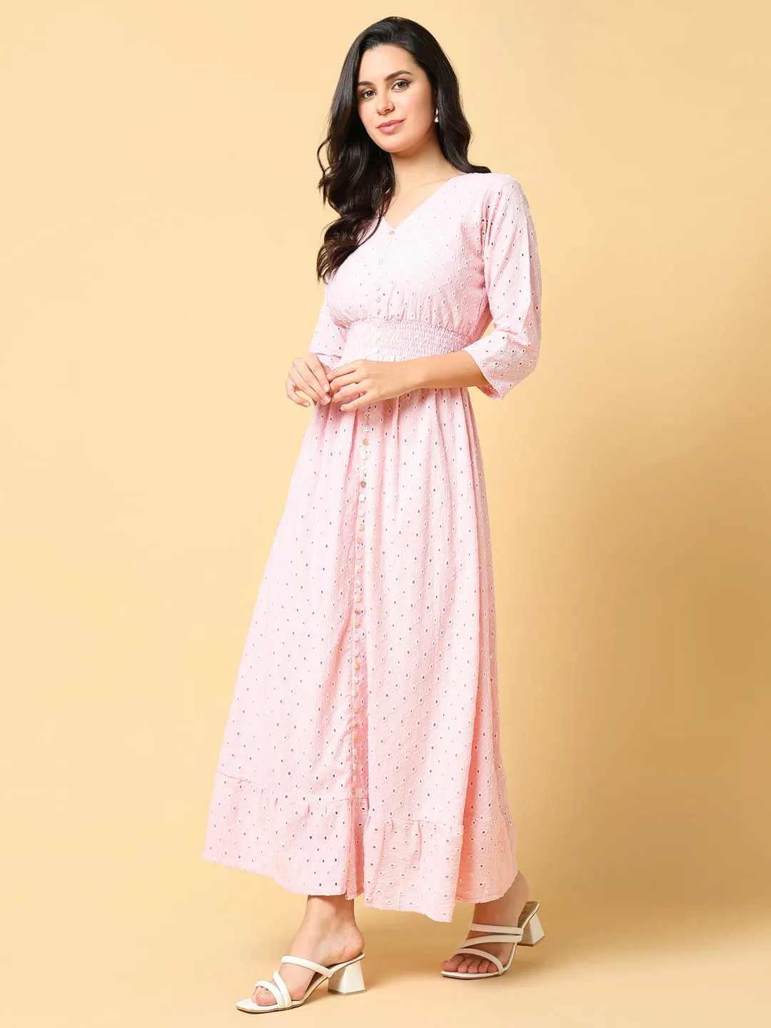 Flared shape Women's Pink V-neck Fit & Flare Maxi Dress