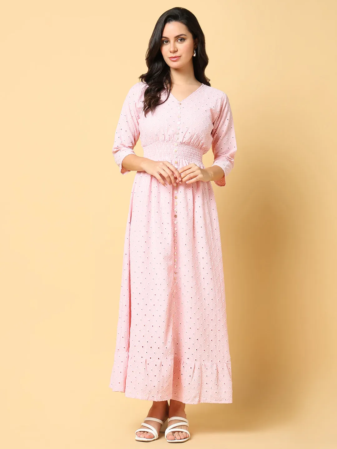 Women's Pink V-neck Fit & Flare Maxi Dress Comfy Fit Wear