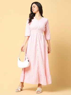 Women's Pink V-neck Fit & Flare Maxi Dress Sleeve Light Effortless Vibe