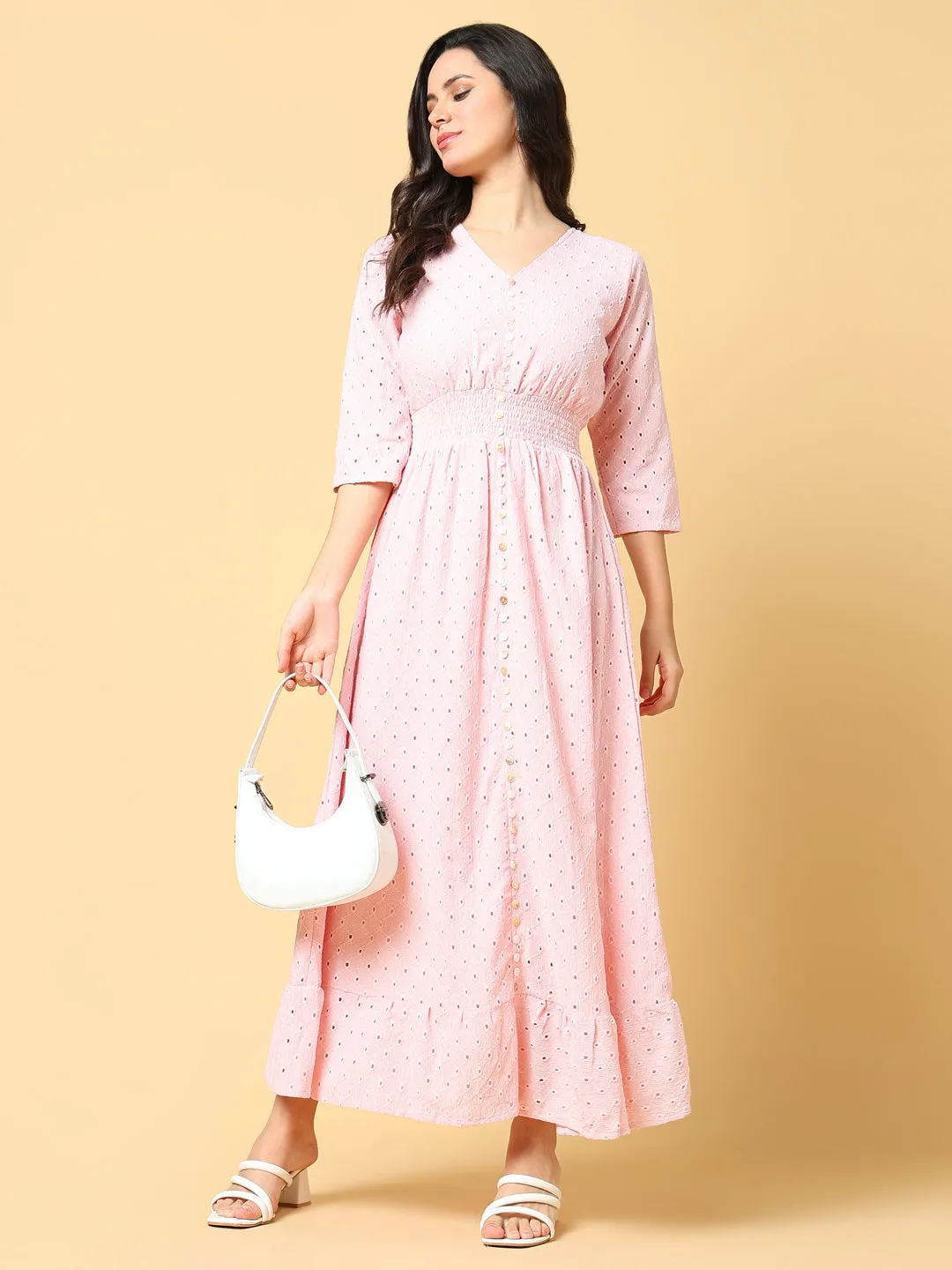 Women's Pink V-neck Fit & Flare Maxi Dress Sleeve Light Effortless Vibe