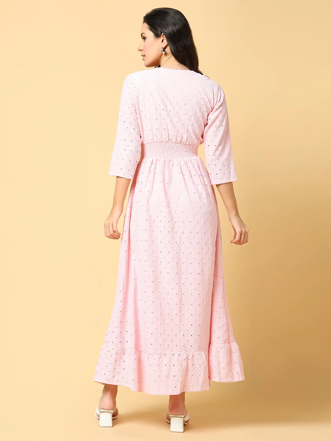 Women's Pink V-neck Fit & Flare Maxi Dress Practical work-to-play piece