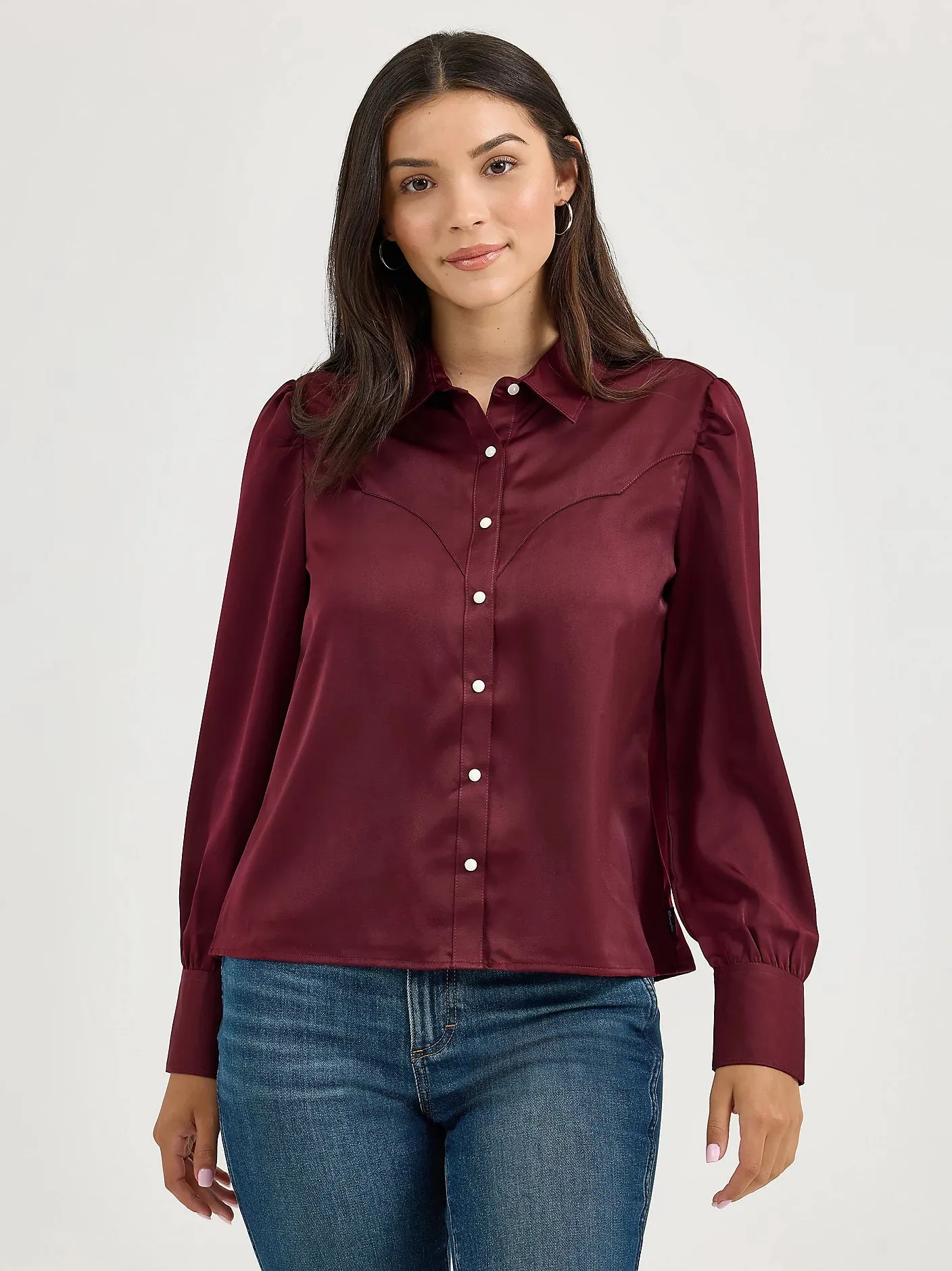 Non Irritating Tags Breathable mesh panel Wrangler Retro Women's Satin Rodeo Western Snap Blouse in Port