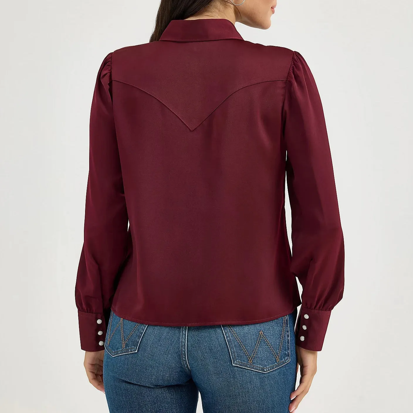 Wrangler Retro Women's Satin Rodeo Western Snap Blouse in Port ReinforcedNeckline Perfect Layering