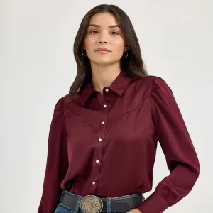 Pocket Detailing Wrangler Retro Women's Satin Rodeo Western Snap Blouse in Port