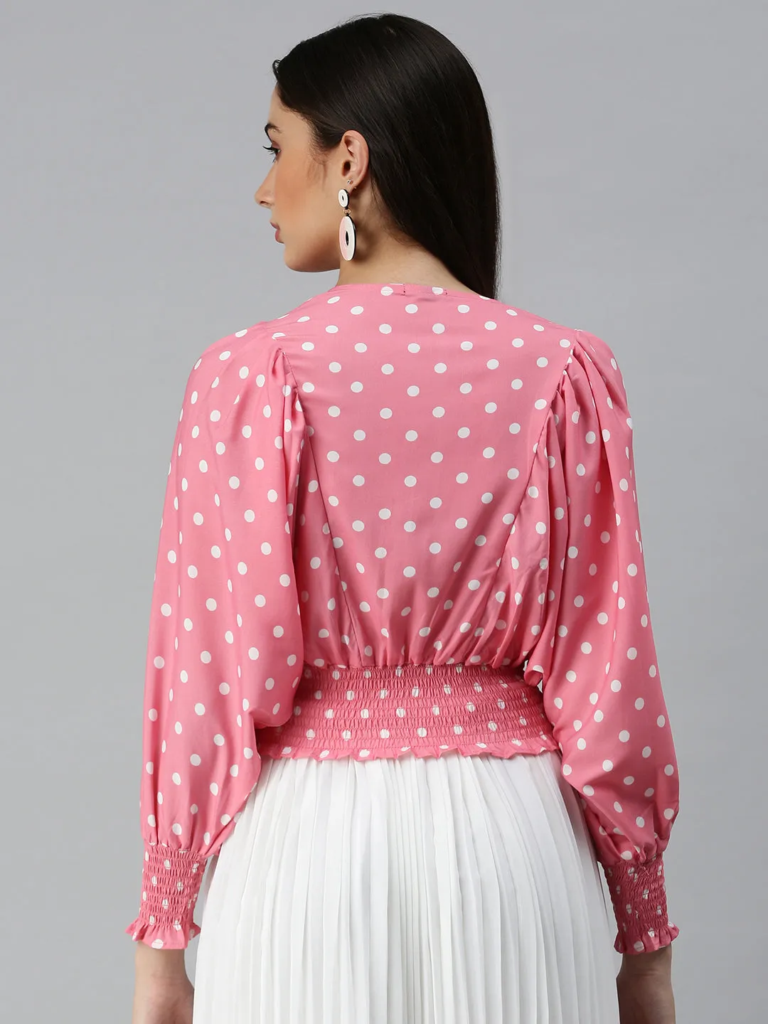 Layered Neckline regular but not boring Women's Pink Print Crepe Blouson Top