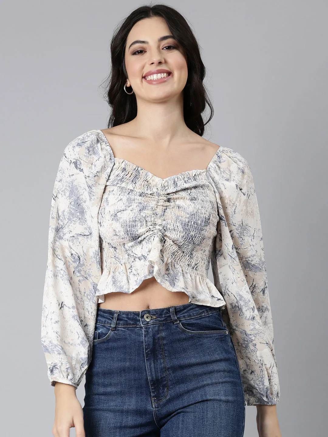 Women's Cream Printed Sweetheart Neck Puff Sleeves Crop Fitted Top Spring Freshness Comfy Casual