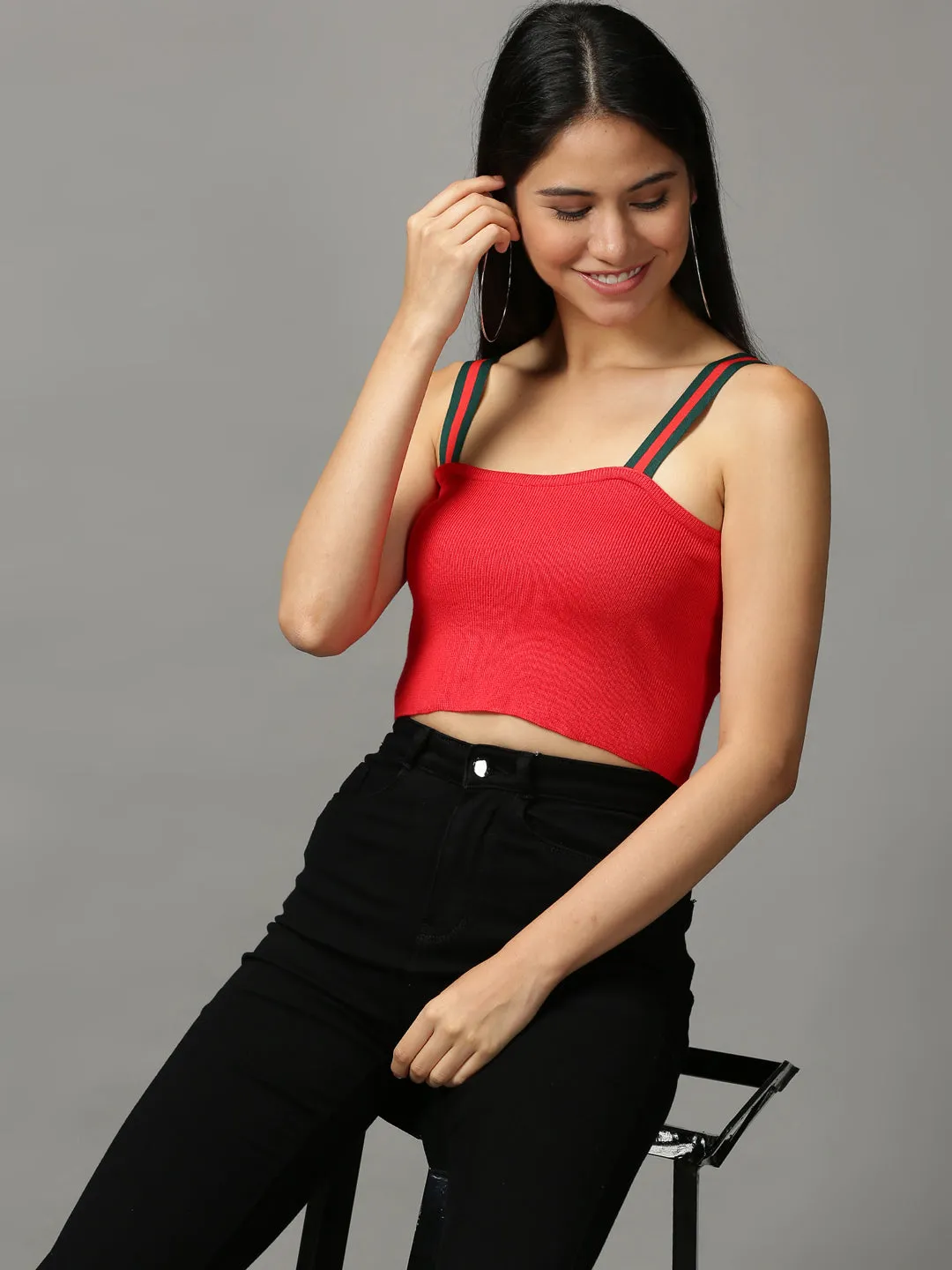 Women's Red Solid Crop Shoulder Straps Top Breathable Flex Fit Oversized Silhouette