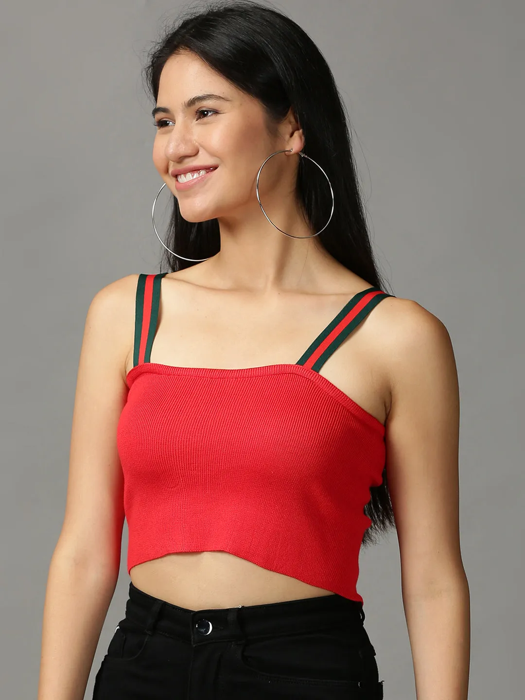 Casual Flex Fit Soft and durable Women's Red Solid Crop Shoulder Straps Top