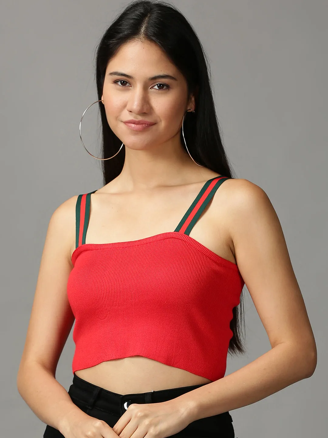 Vintage authenticity Women's Red Solid Crop Shoulder Straps Top