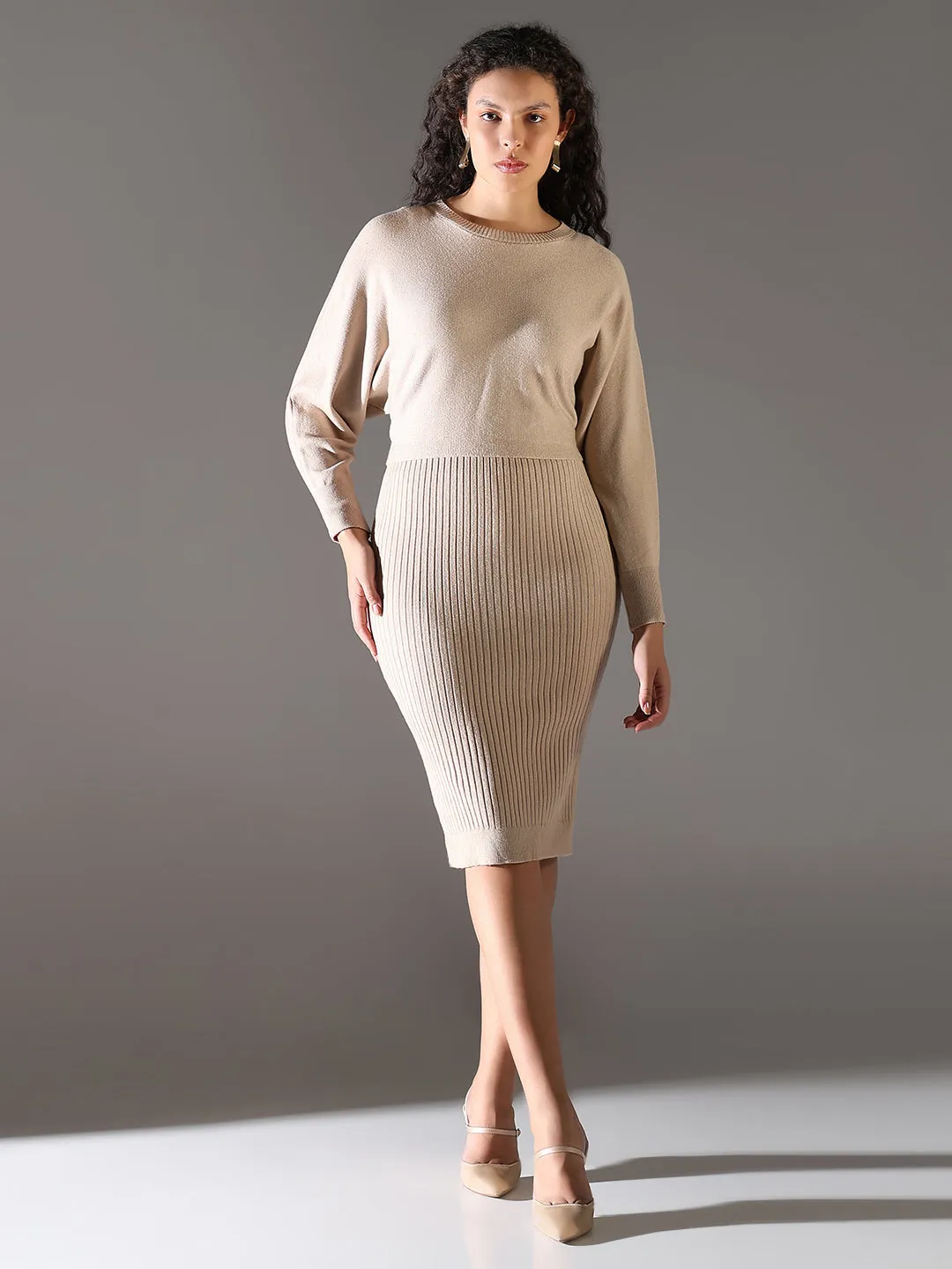 Daily Movement Mood Casual Women's Beige Solid Bodycon Dress with Top