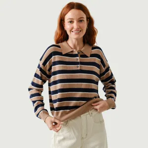 HighElastic Recovery Simple Warmth Stripe Polo Long Sleeve Knit Sweater (Taupe   Navy)