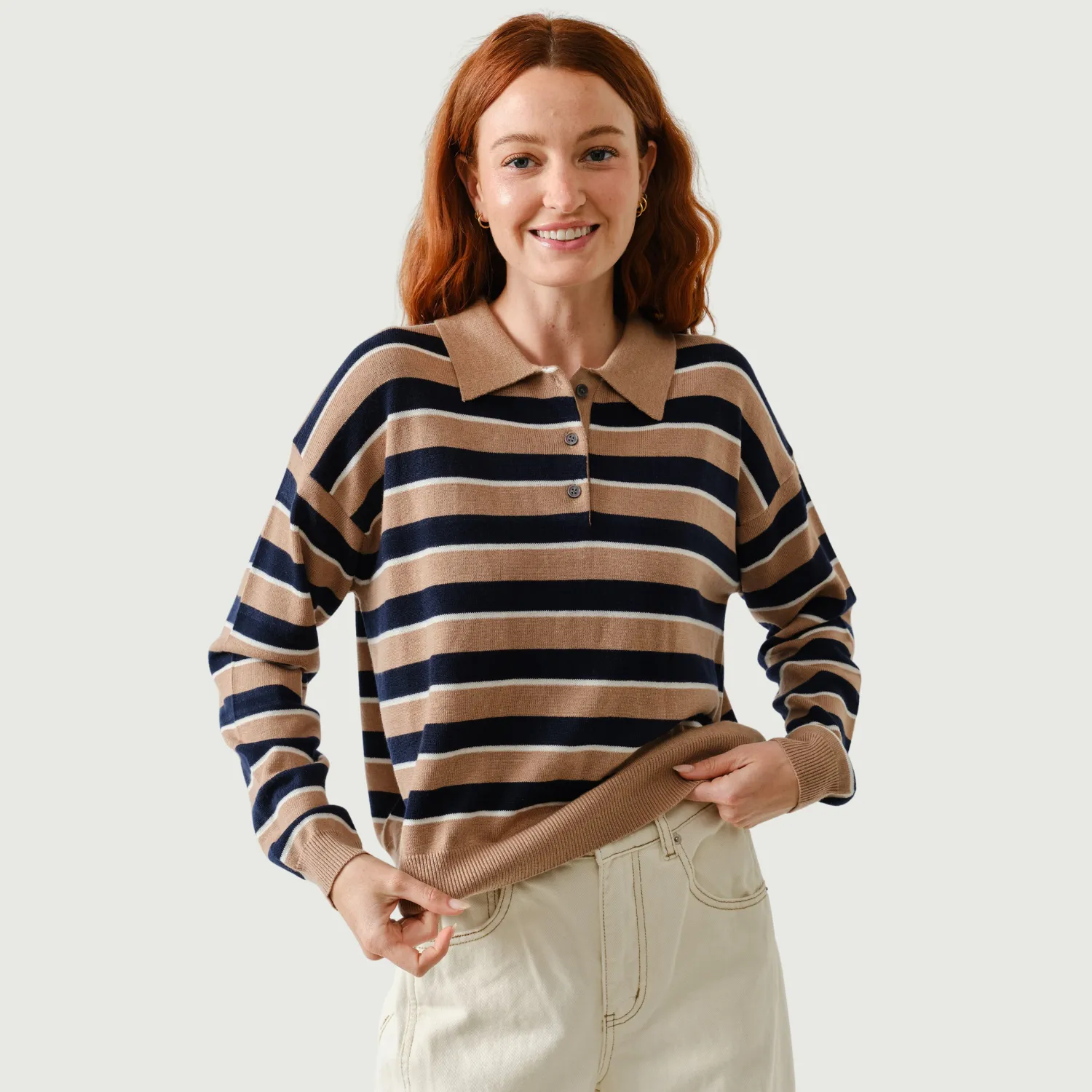 Non Chafing Fabric Under Cover Stripe Polo Long Sleeve Knit Sweater (Taupe   Navy)