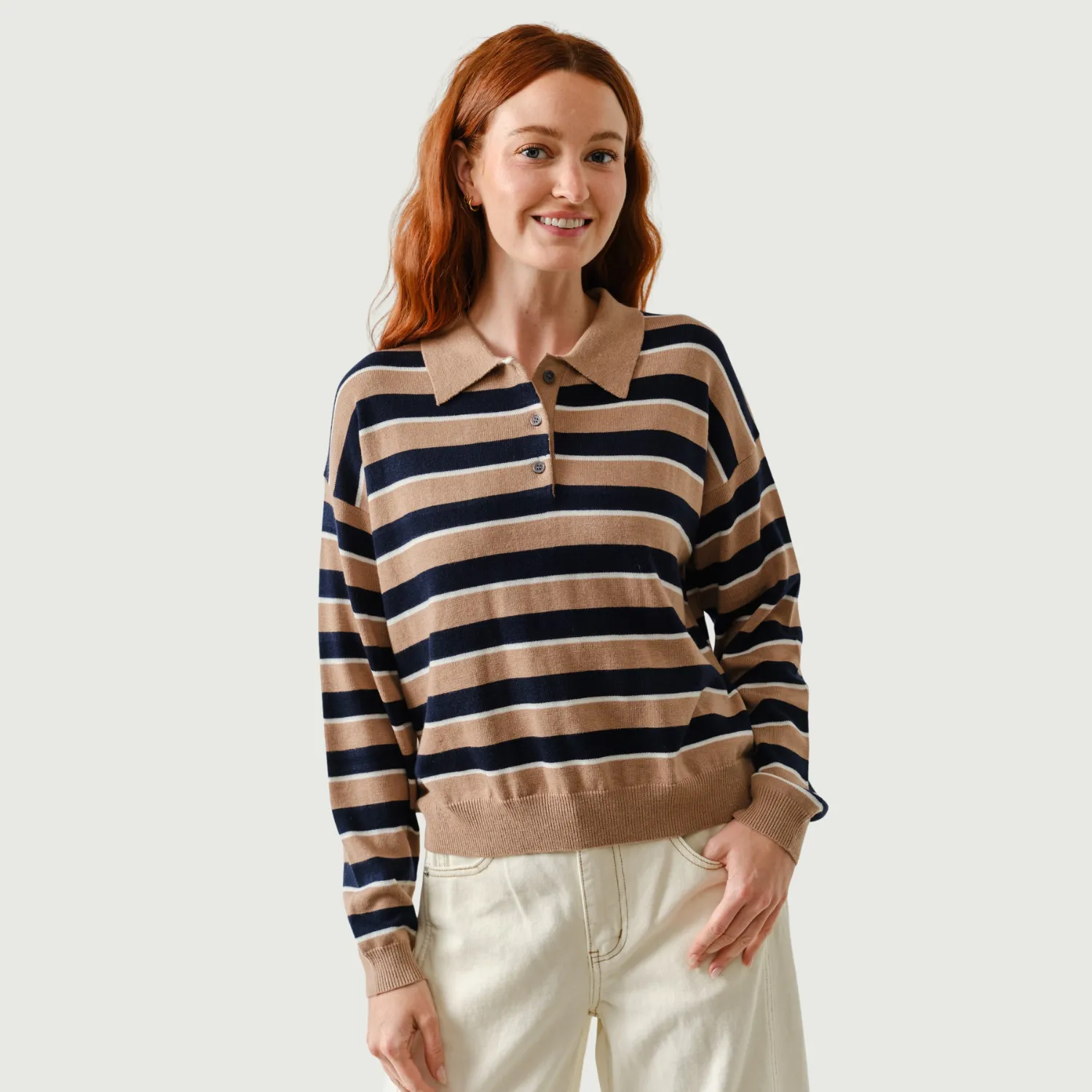 Stripe Polo Long Sleeve Knit Sweater (Taupe   Navy) Texture Detail Cozy Comfort