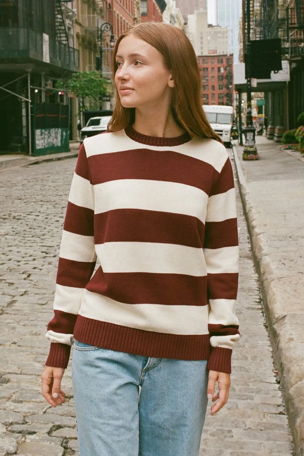 Brianna Cotton Thick Stripe Sweater Minimal Shrinkage DropShoulder Design