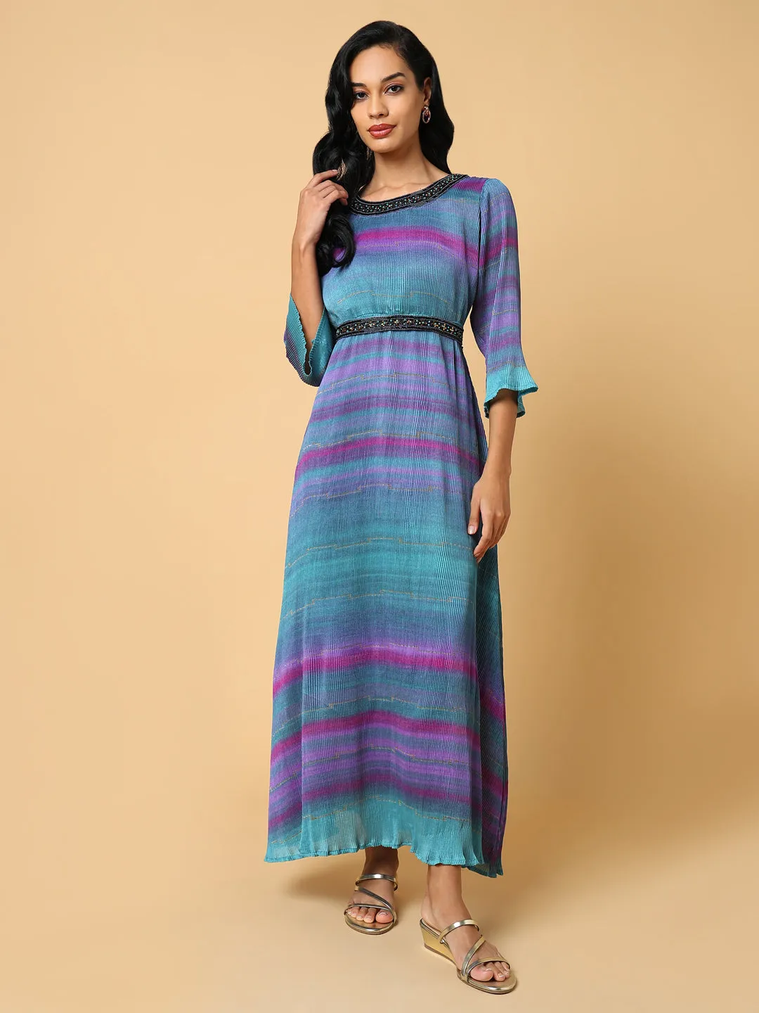 Women's Dyed Green Maxi Dress with Belt Relax Feel Polished look dress