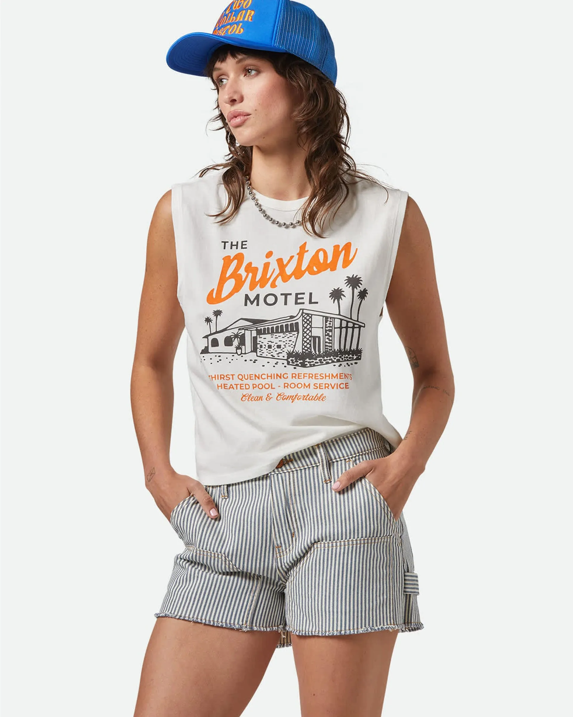 Cross Back Brixton Motel Muscle Tank Top - Off White