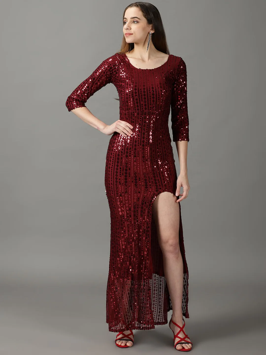 Women's Maroon Sequinned Embellished Sheath Maxi Dress Quick Elegance