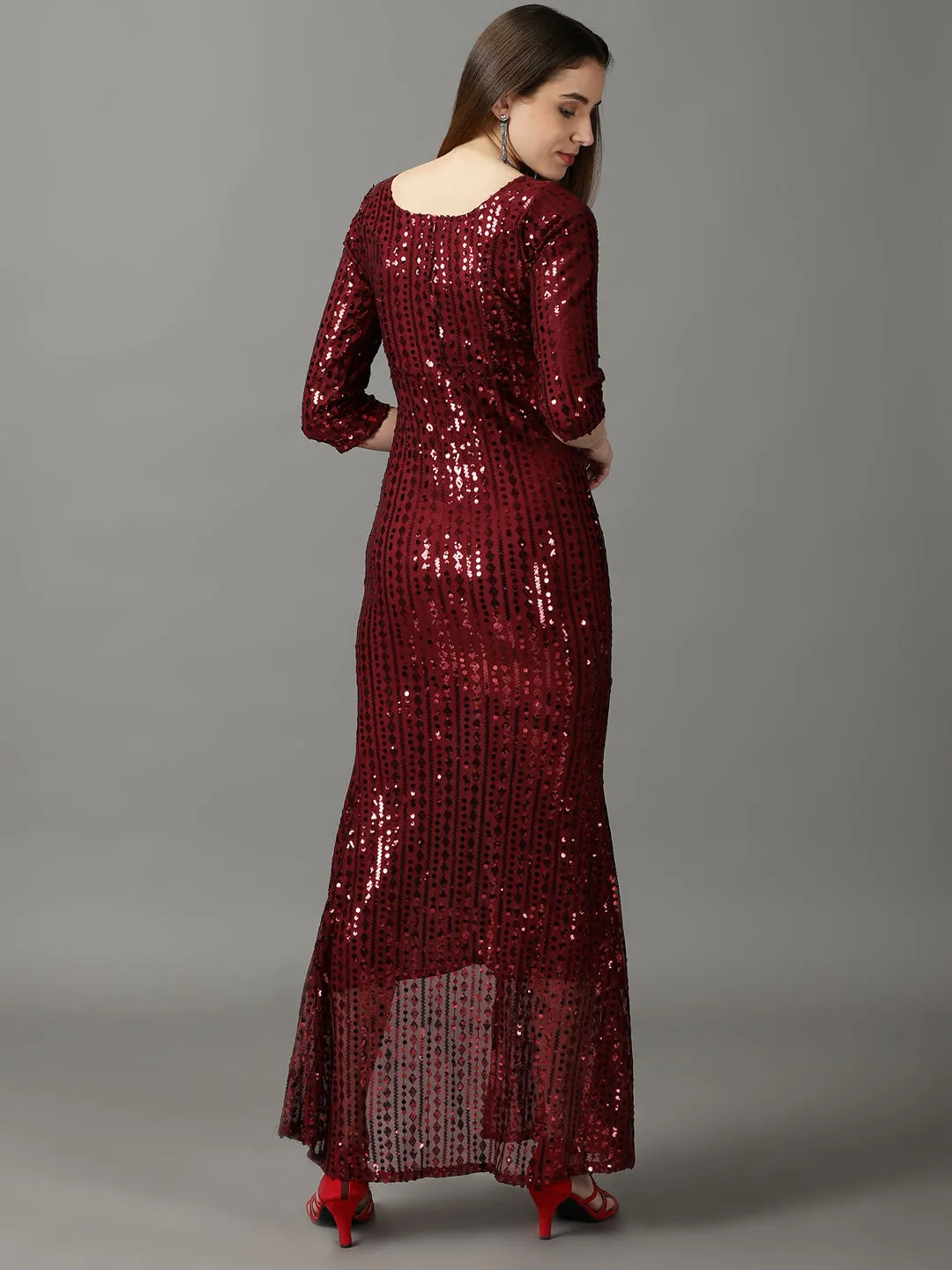 Women's Maroon Sequinned Embellished Sheath Maxi Dress Perfect for Travel